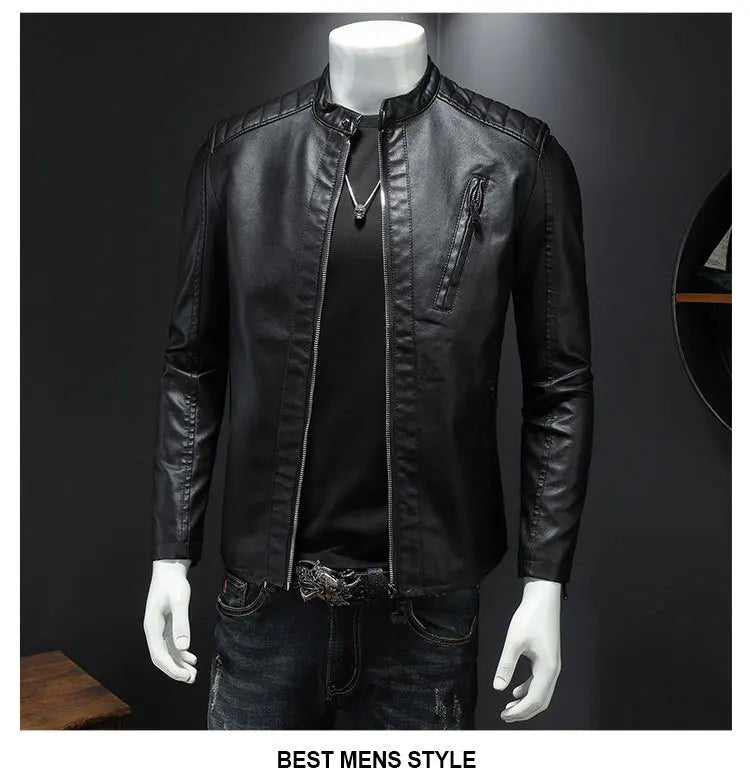 2025 Men Leather Jacket Stand Collar Slim Pu Leather Jacket Autumn Fashion Men Motorcycle Causal Coat Male Moto Biker Coat - StepByStep