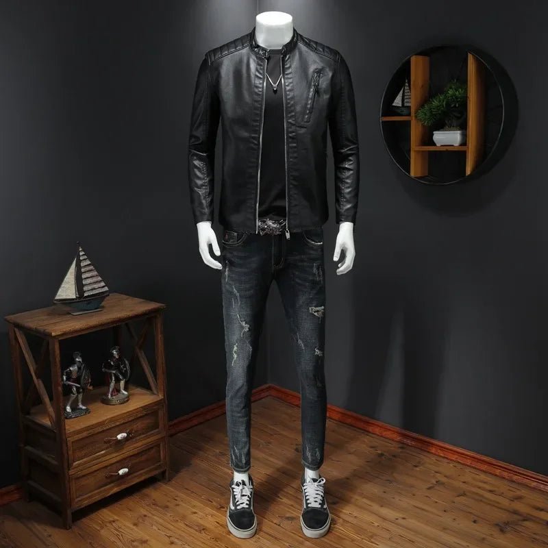2025 Men Leather Jacket Stand Collar Slim Pu Leather Jacket Autumn Fashion Men Motorcycle Causal Coat Male Moto Biker Coat - StepByStep