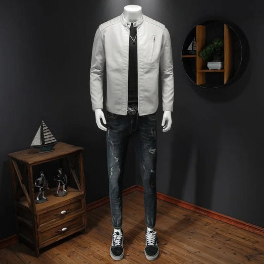 2025 Men Leather Jacket Stand Collar Slim Pu Leather Jacket Autumn Fashion Men Motorcycle Causal Coat Male Moto Biker Coat - StepByStep