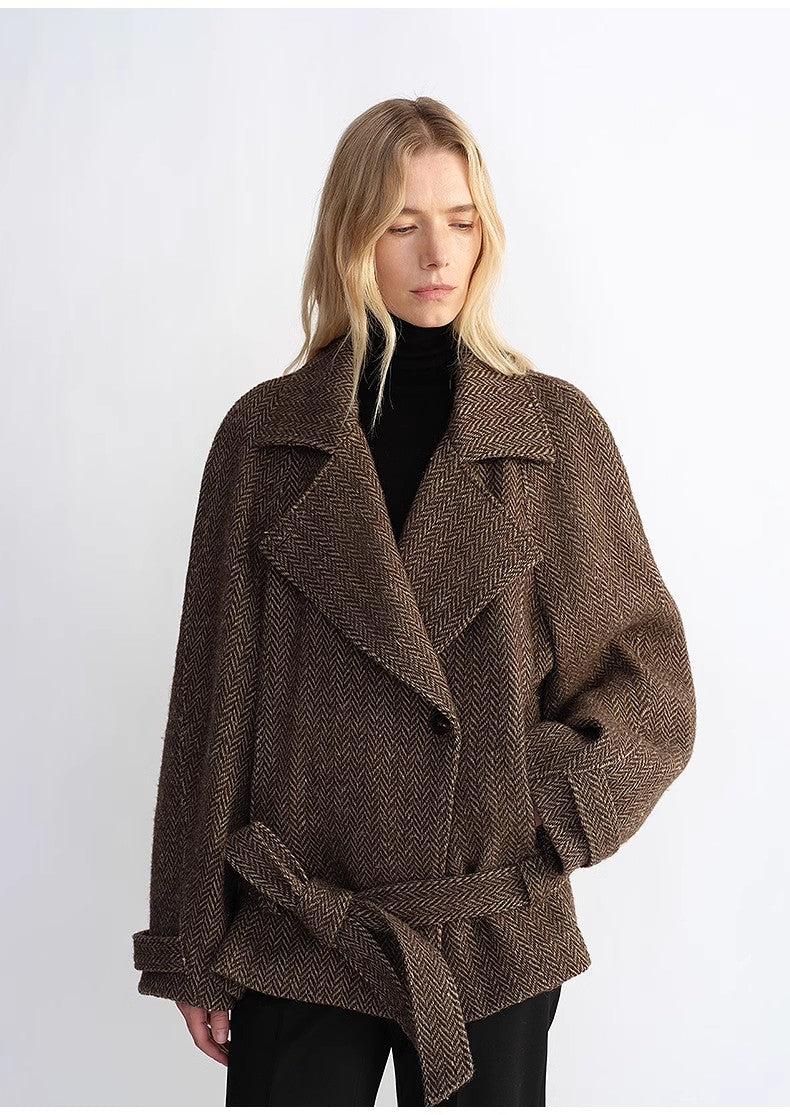 "Warm Cocoon" Italian Herringbone Wool Classic Lapel Micro-coon Short Wool Coat for Women-4