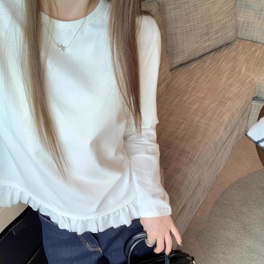 Camicia a maniche lunghe con orlo in pizzo dolce e pieghe Donna Autunno e inverno Sle coreano Semplice e versatile