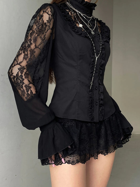 Elegante camicetta ricamata floreale a maniche lunghe con scollo a V Top patchwork in pizzo