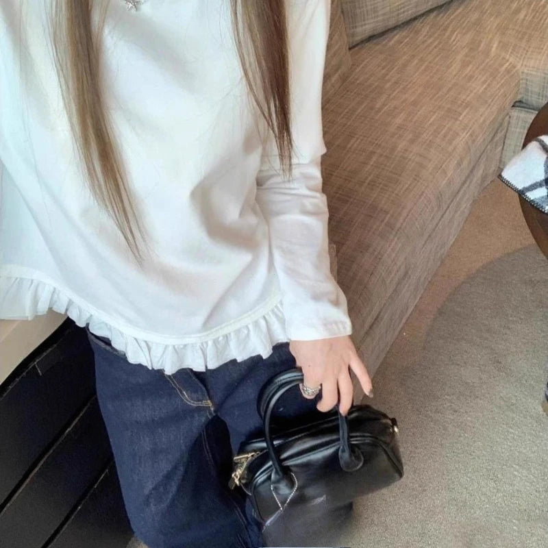 Camicia a maniche lunghe con orlo in pizzo dolce e pieghe Donna Autunno e inverno Sle coreano Semplice e versatile