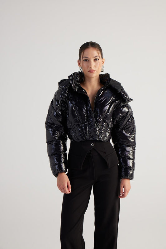 Aida Black Puffer Hooded Jacket - StepByStep