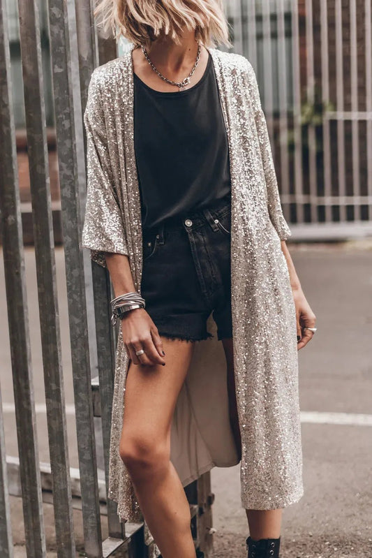 Apricot Sequin 3/4 Sleeve Open Front Duster Kimono - StepByStep