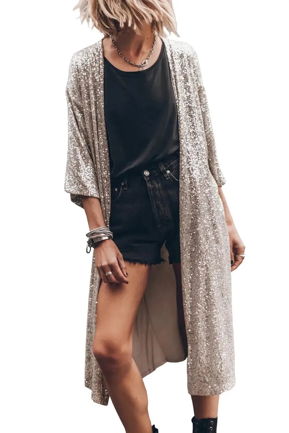 Apricot Sequin 3/4 Sleeve Open Front Duster Kimono - StepByStep