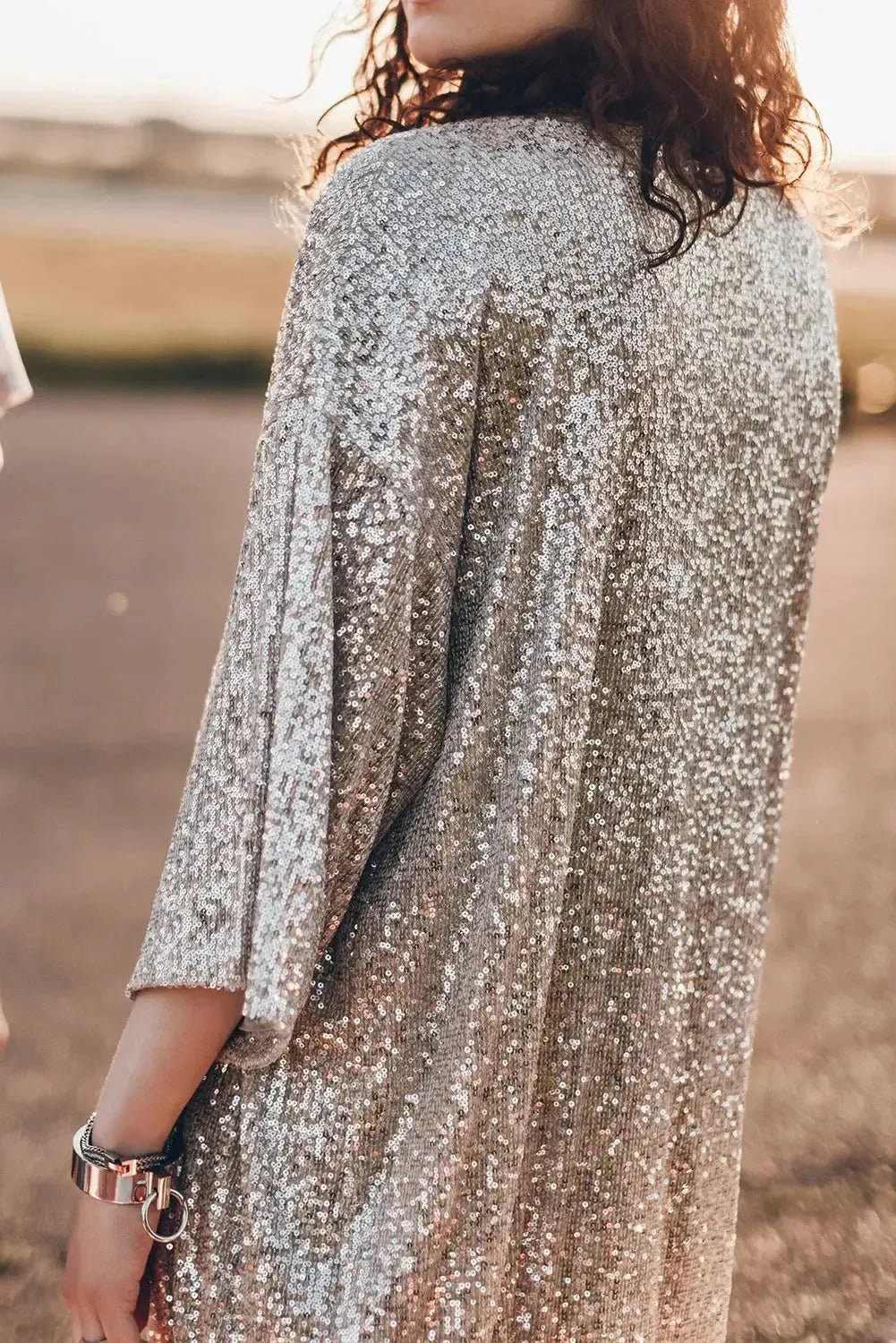 Apricot Sequin 3/4 Sleeve Open Front Duster Kimono - StepByStep