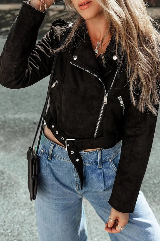 Black Asymmetric Zipper Belted Hem Jacket - StepByStep