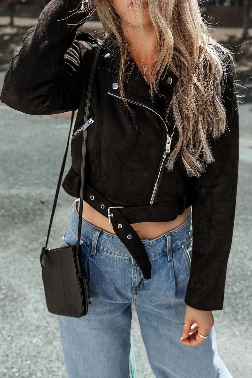 Black Asymmetric Zipper Belted Hem Jacket - StepByStep