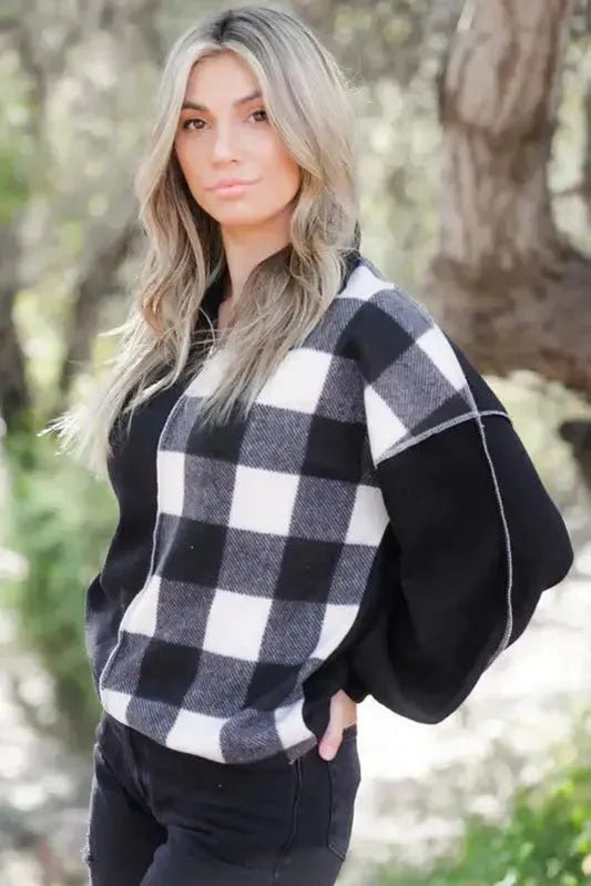 Black Checkboard Patchwork Exposed Stitching Collared Top - StepByStep