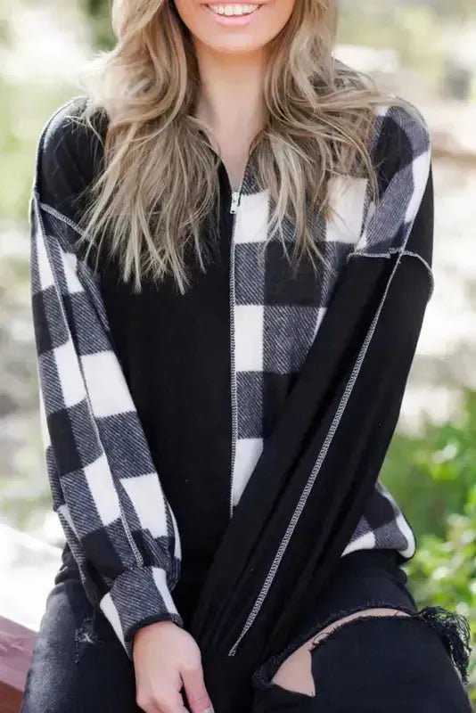 Black Checkboard Patchwork Exposed Stitching Collared Top - StepByStep