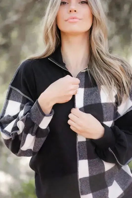 Black Checkboard Patchwork Exposed Stitching Collared Top - StepByStep