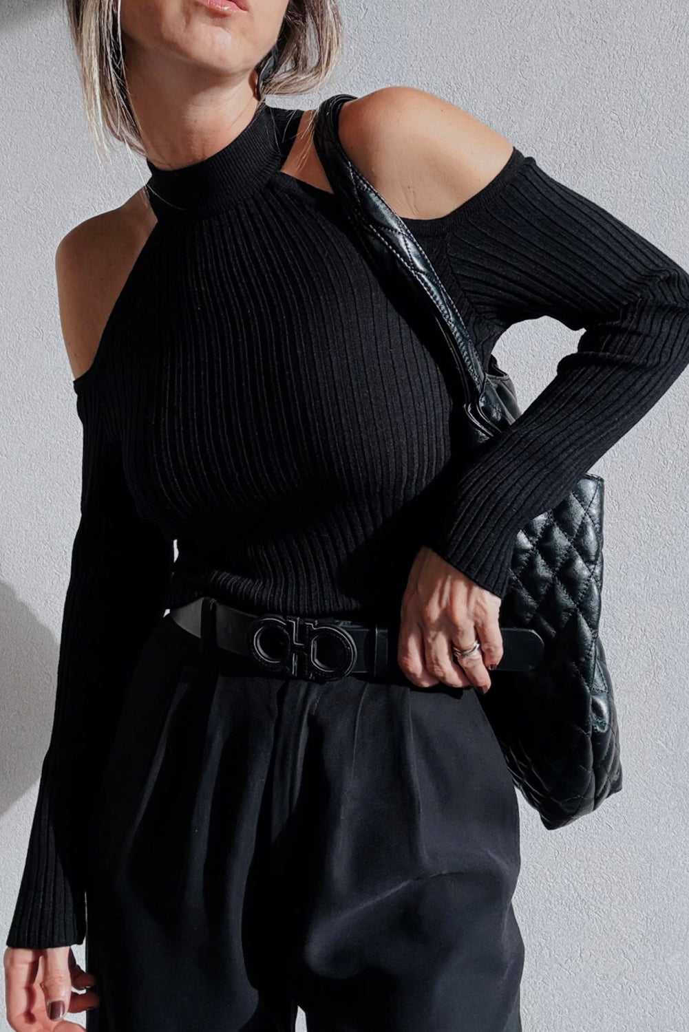 Black Cold Shoulder Choker Neck Sweater - StepByStep