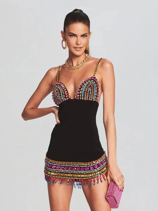 Black Crystal Bandage Bodycon Dress with Diamonds For Women, V - Neck, Meatpacking District, BYMANYC New York. - StepByStep