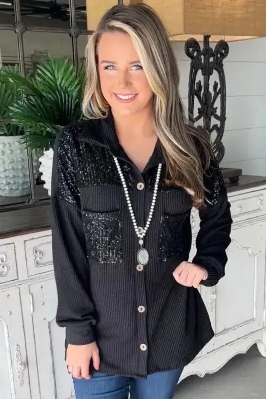 Black Sequin Patch Chest Pocket Corded Shacket - StepByStep