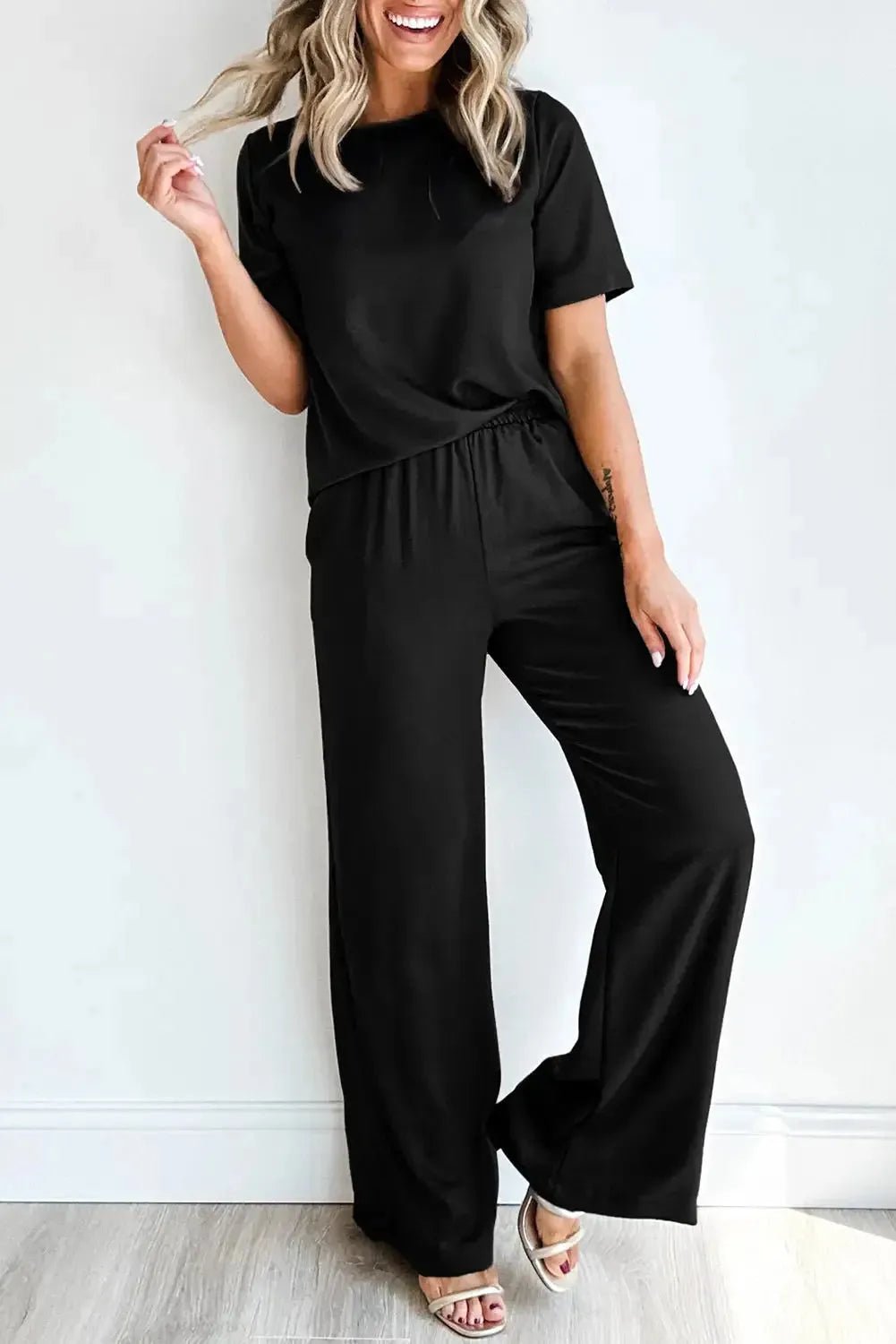 Black Solid Color T Shirt 2pcs Wide Leg Pants Set - StepByStep