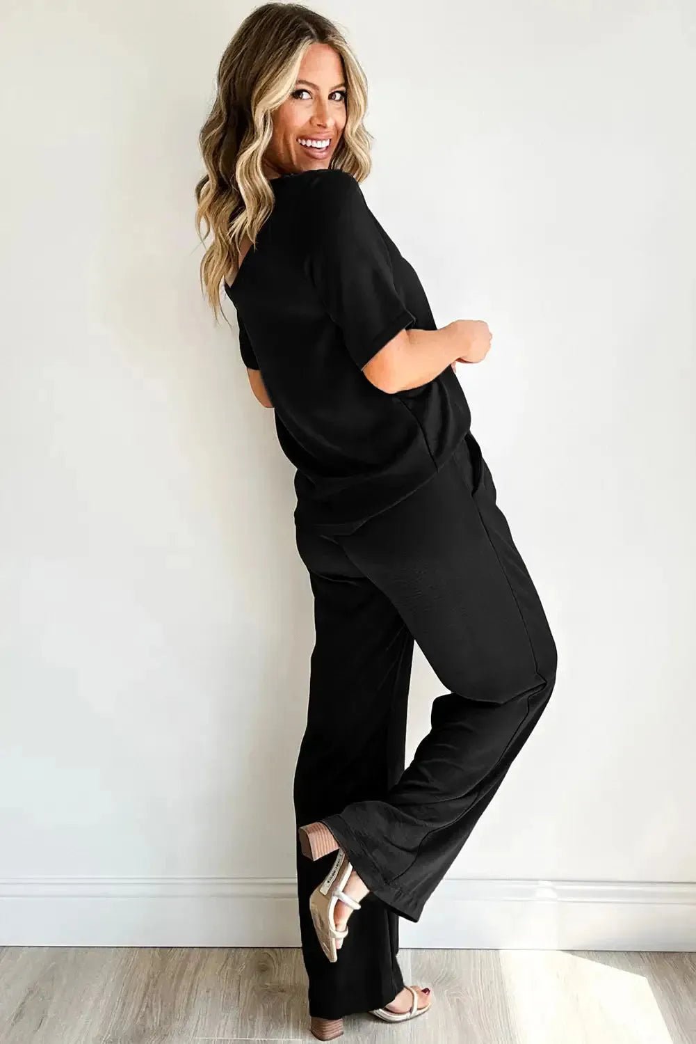 Black Solid Color T Shirt 2pcs Wide Leg Pants Set - StepByStep