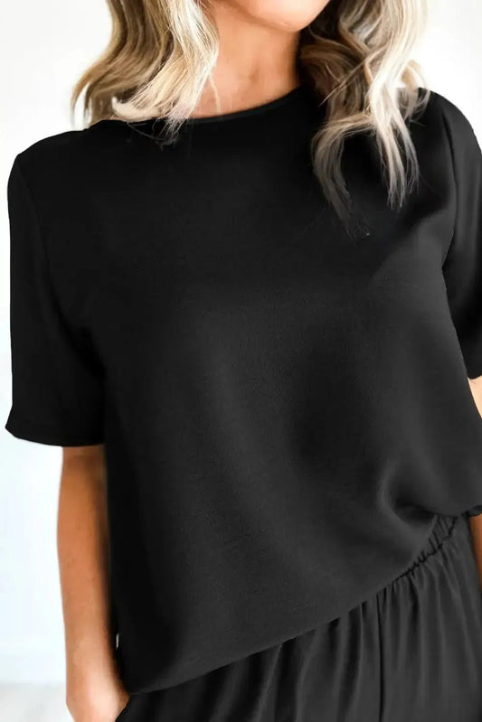 Black Solid Color T Shirt 2pcs Wide Leg Pants Set - StepByStep