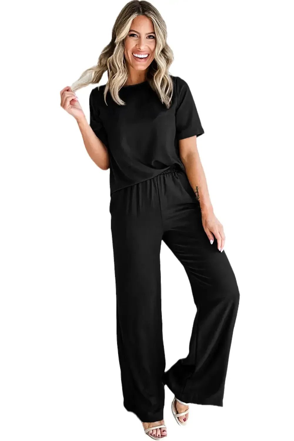 Black Solid Color T Shirt 2pcs Wide Leg Pants Set - StepByStep