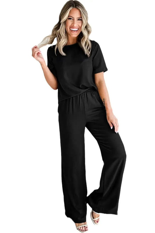 Black Solid Color T Shirt 2pcs Wide Leg Pants Set - StepByStep