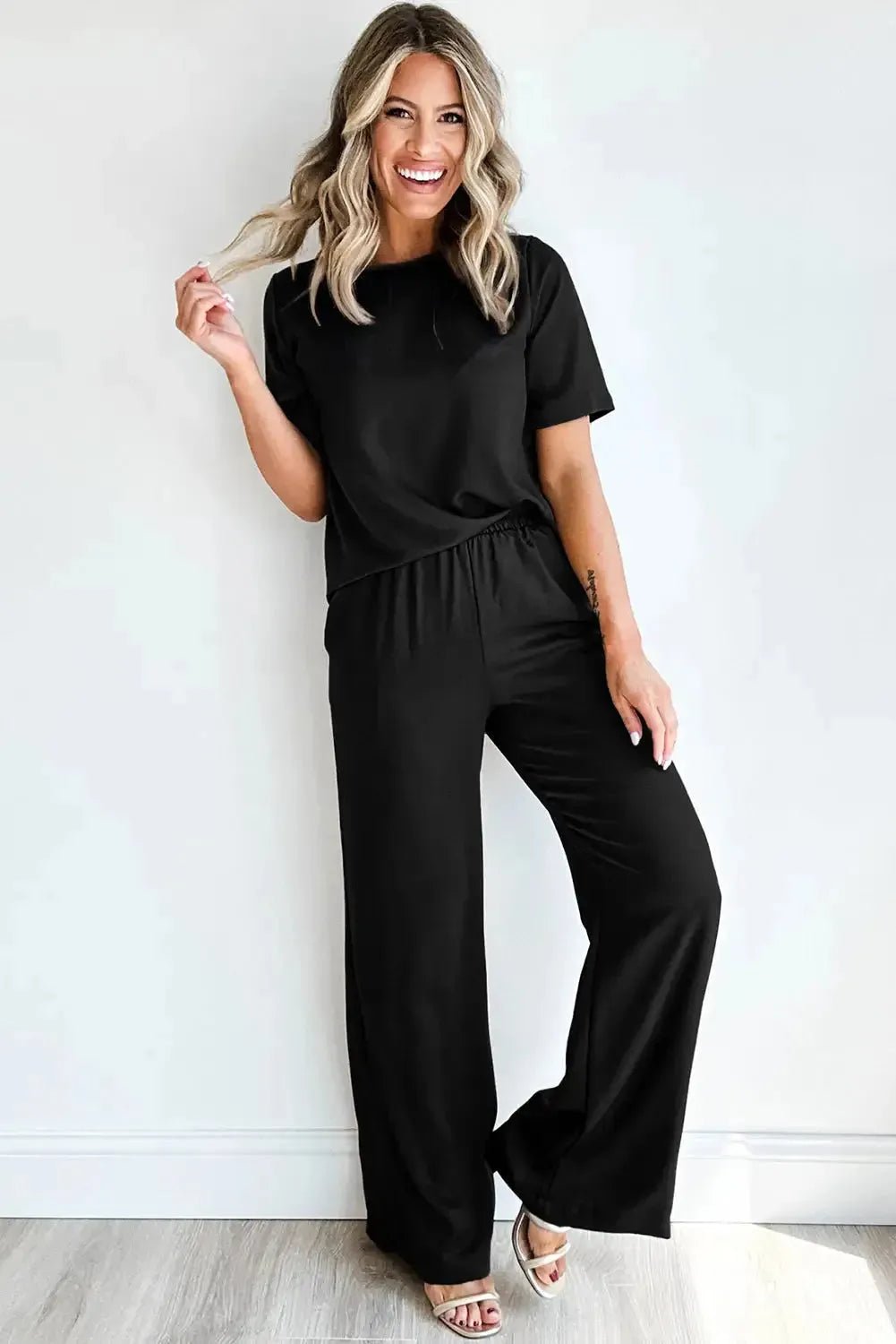 Black Solid Color T Shirt 2pcs Wide Leg Pants Set - StepByStep