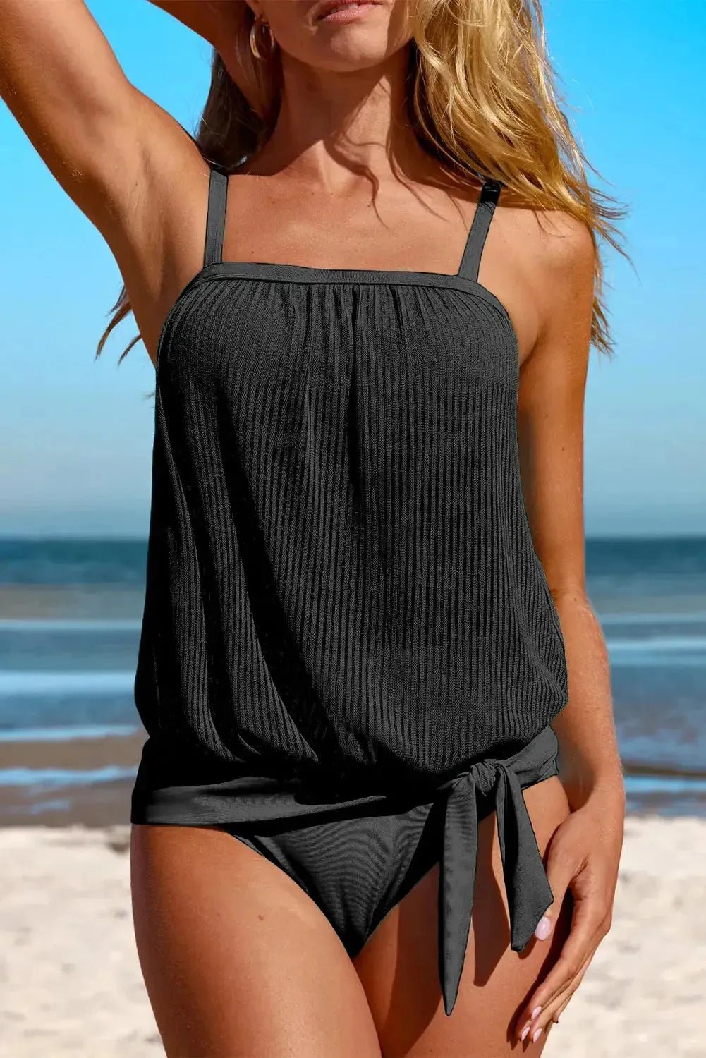 Black Striped Mesh Knotted Hem Tankini Swimsuit - StepByStep