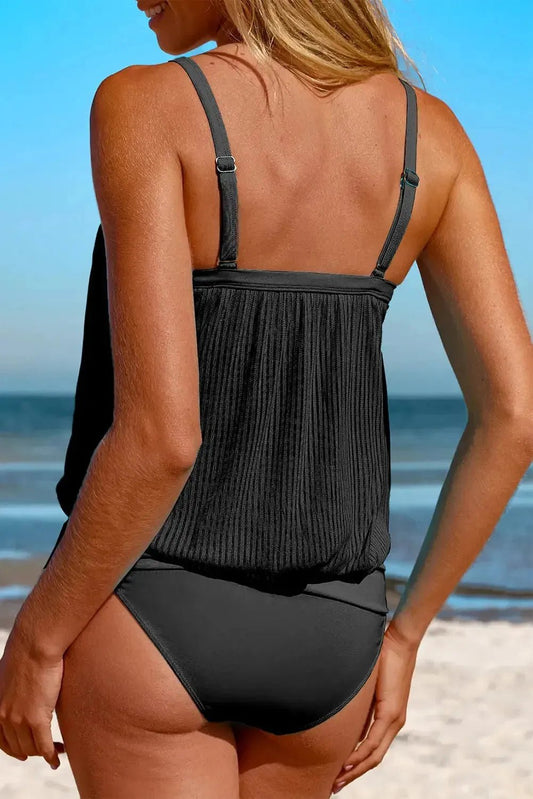 Black Striped Mesh Knotted Hem Tankini Swimsuit - StepByStep