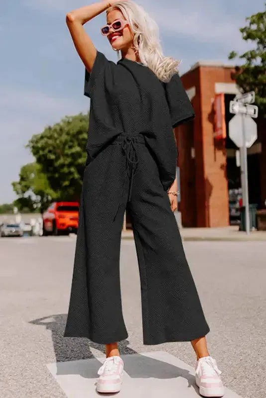 Black Textured Loose Fit T Shirt and Drawstring Pants Set - StepByStep