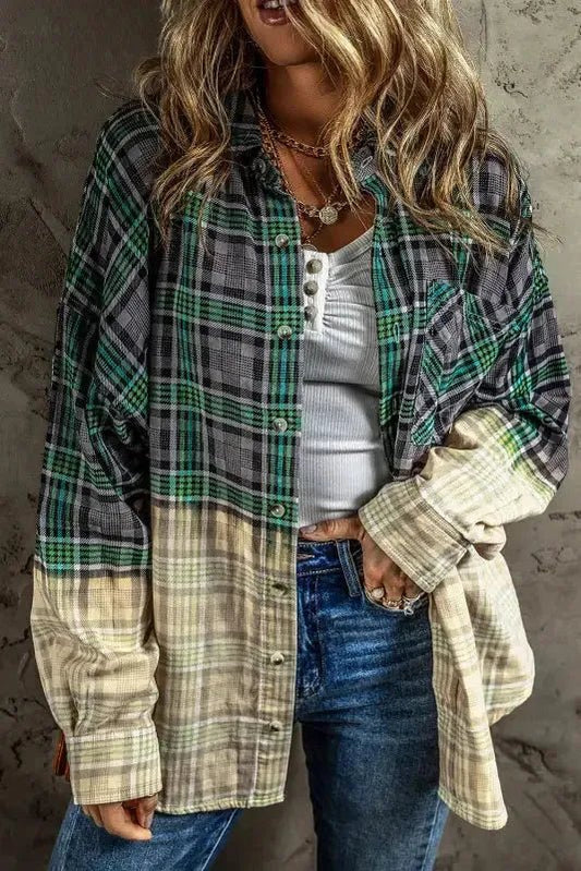 Blackish Green Contrast Plaid Patchwork Chest Pocket Button up Shacket - StepByStep