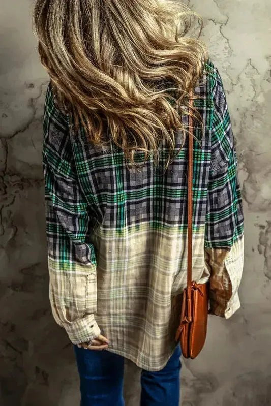 Blackish Green Contrast Plaid Patchwork Chest Pocket Button up Shacket - StepByStep