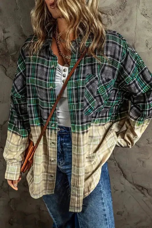 Blackish Green Contrast Plaid Patchwork Chest Pocket Button up Shacket - StepByStep