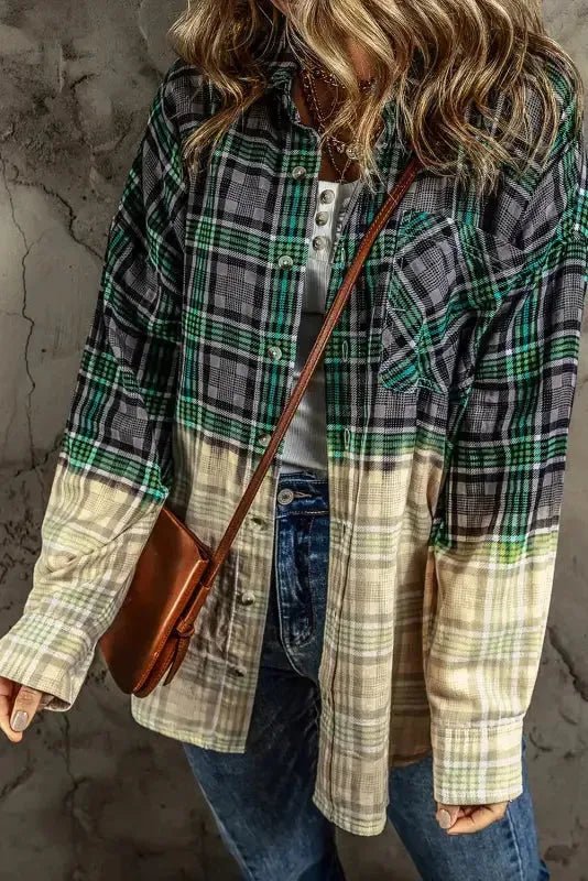 Blackish Green Contrast Plaid Patchwork Chest Pocket Button up Shacket - StepByStep