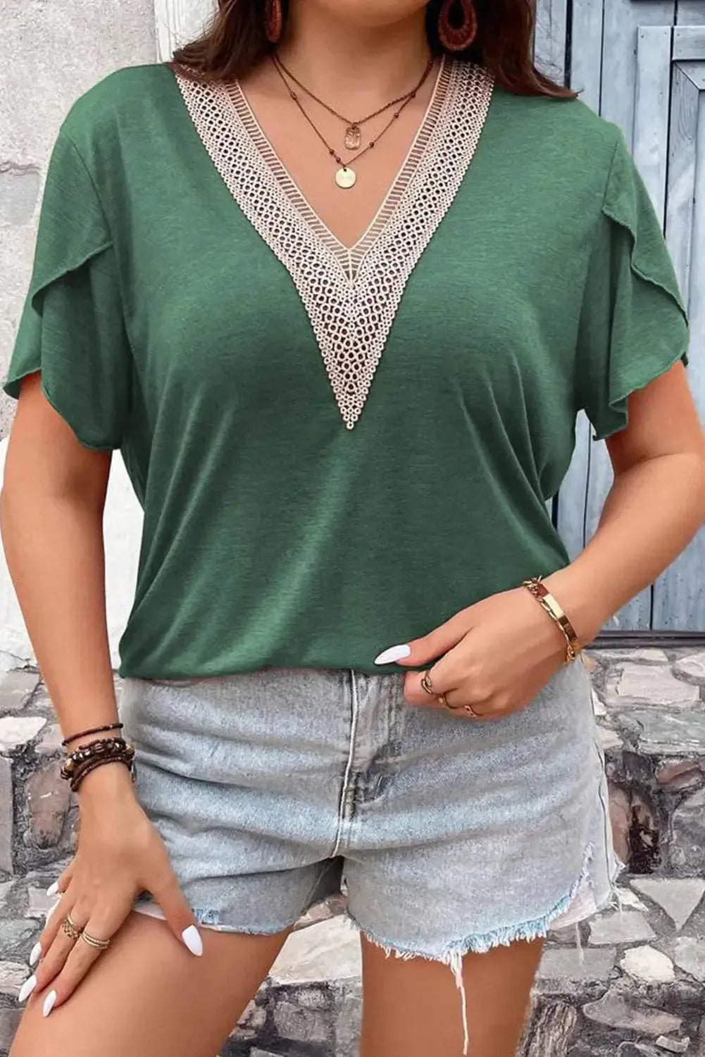 Blackish Green Plus Size Embroidery V Neck Draped Sleeve Blouse - StepByStep