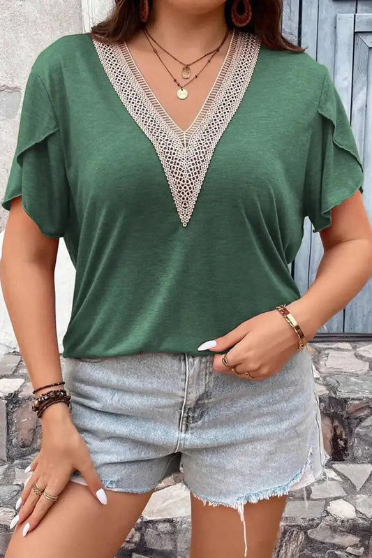 Blackish Green Plus Size Embroidery V Neck Draped Sleeve Blouse - StepByStep