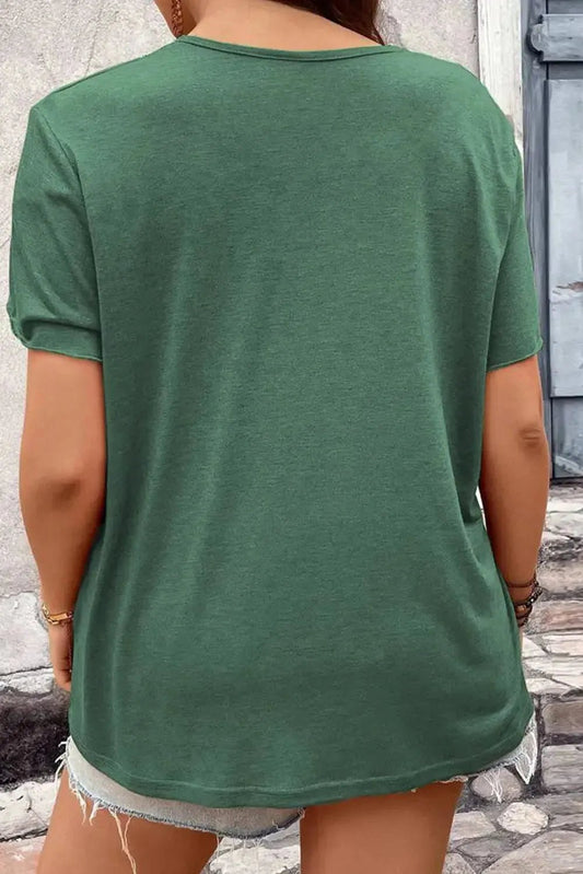 Blackish Green Plus Size Embroidery V Neck Draped Sleeve Blouse - StepByStep