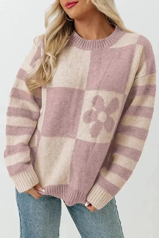 Brown Checkered Floral Print Striped Sleeve Sweater - StepByStep