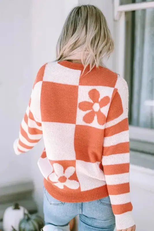 Brown Checkered Floral Print Striped Sleeve Sweater - StepByStep