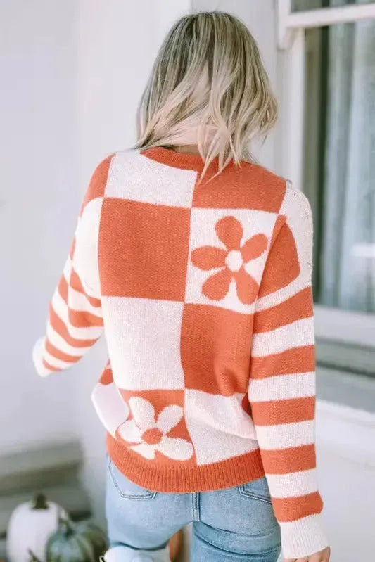 Brown Checkered Floral Print Striped Sleeve Sweater - StepByStep