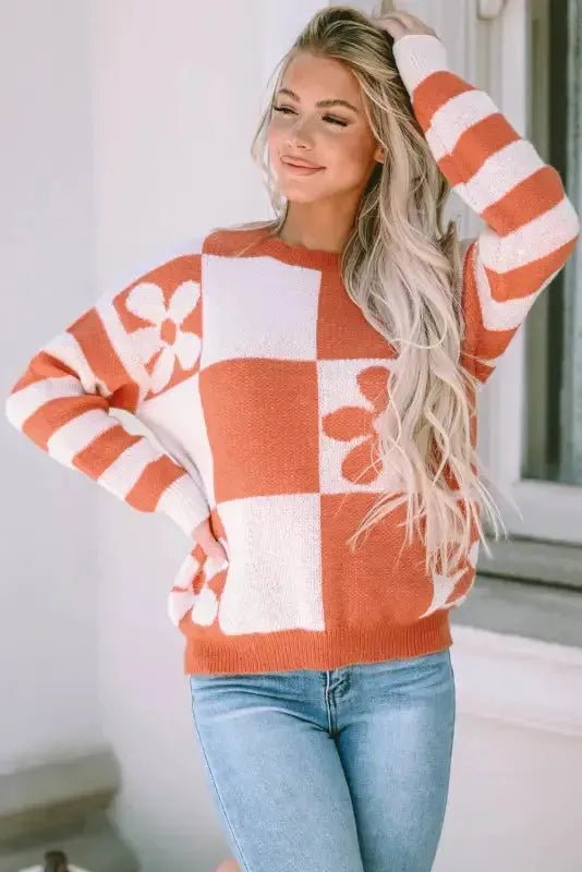 Brown Checkered Floral Print Striped Sleeve Sweater - StepByStep