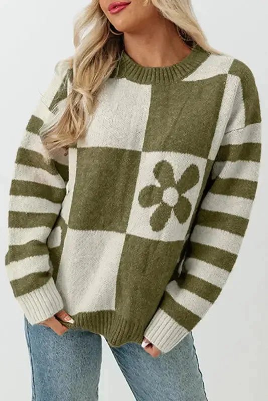 Brown Checkered Floral Print Striped Sleeve Sweater - StepByStep