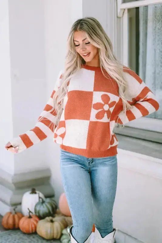 Brown Checkered Floral Print Striped Sleeve Sweater - StepByStep