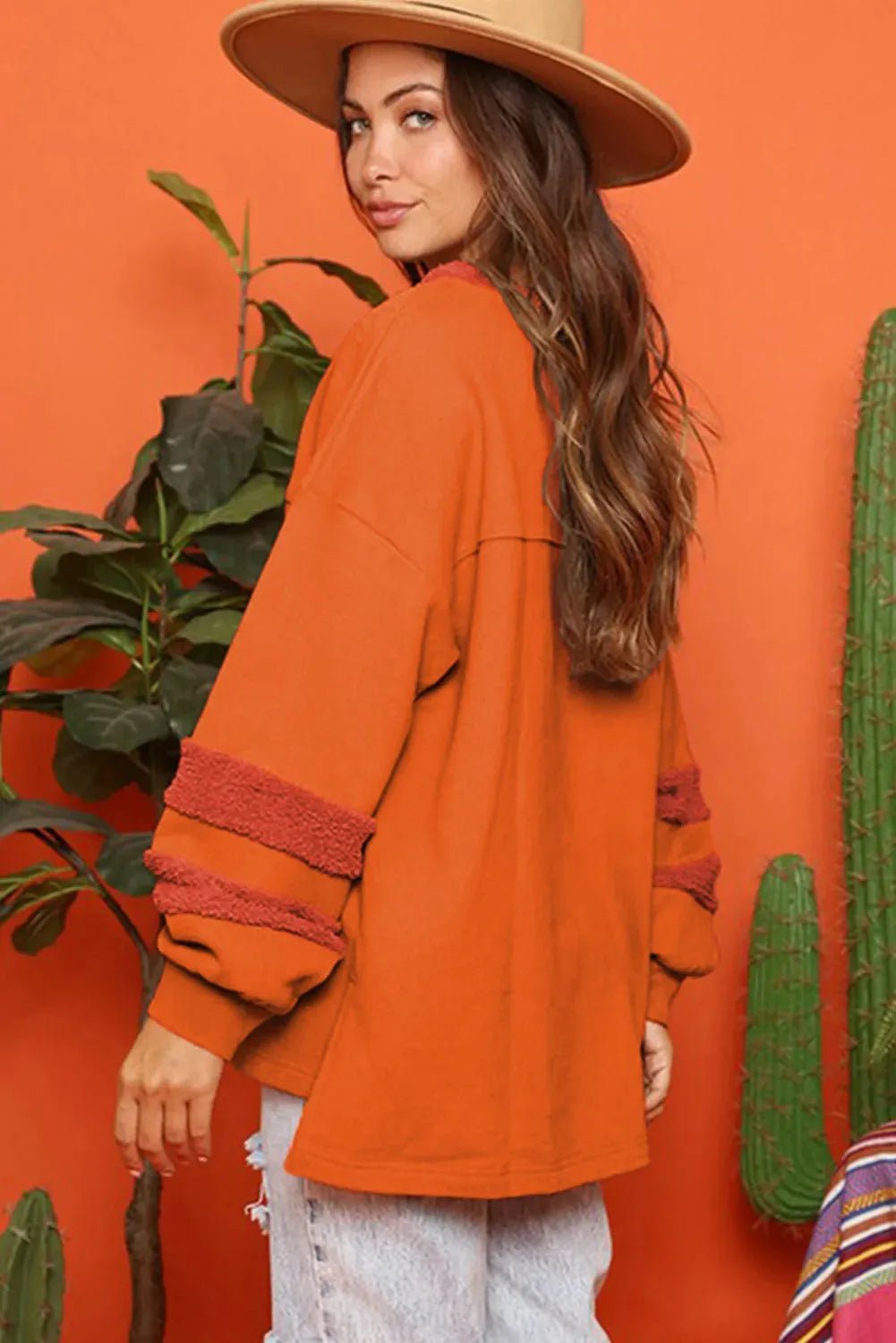 Carrot Fleece Patchwork Side Slits High Low Sweatshirt - StepByStep