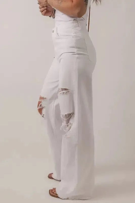 Distressed Straight Leg Jeans - White - StepByStep