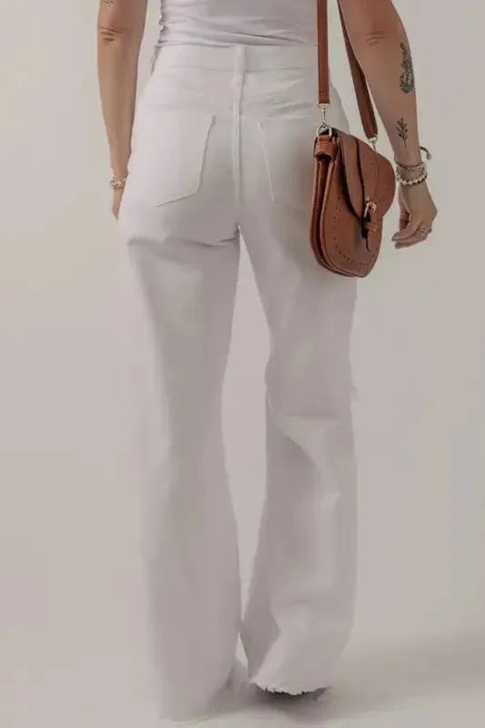 Distressed Straight Leg Jeans - White - StepByStep