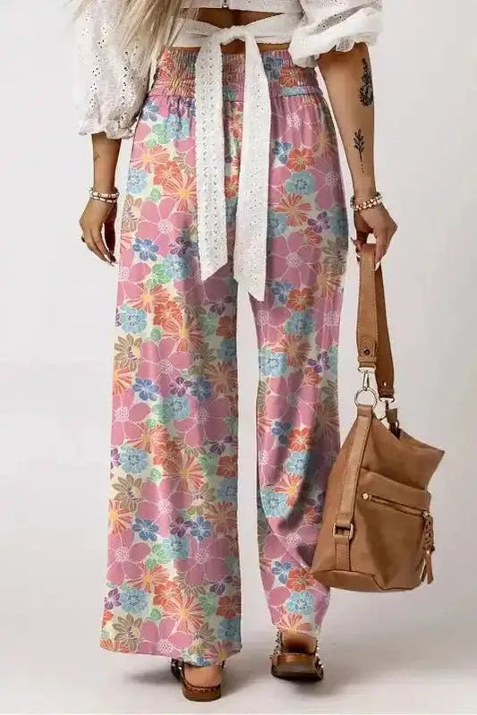 Floral Smocked Waist Loose Pants - StepByStep