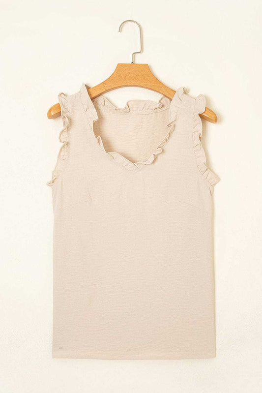 Frilly Trim Tank Top in Parchment – Feminine, Wrinkle - Resistant, Vegan - Friendly - StepByStep
