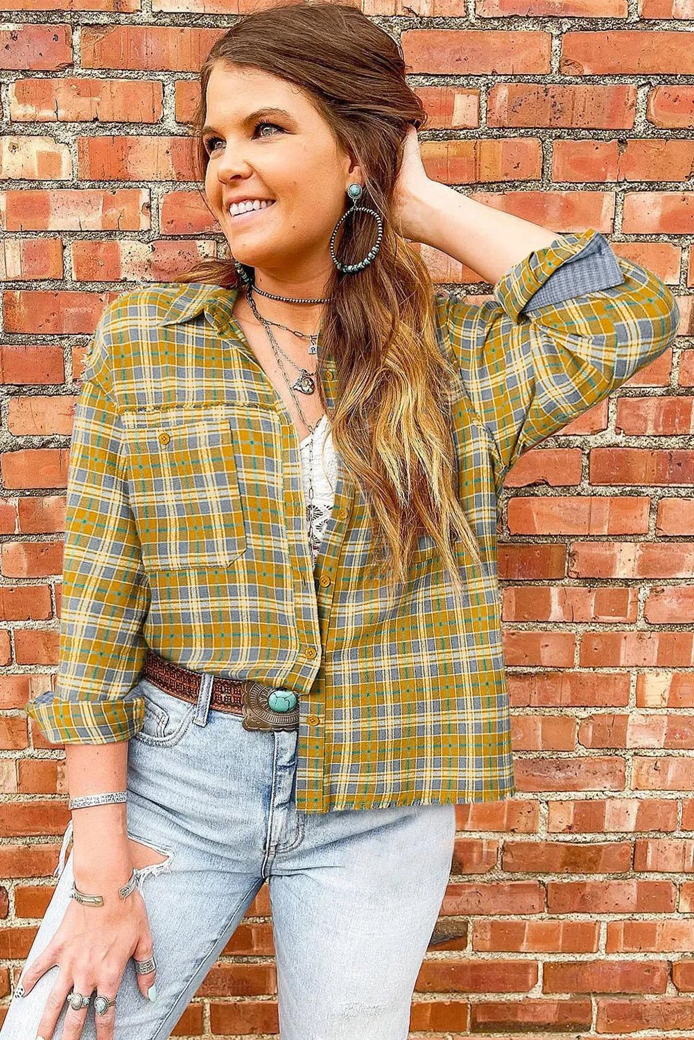 Ginger Plaid Embroidery Patch Button - Down Shacket - StepByStep