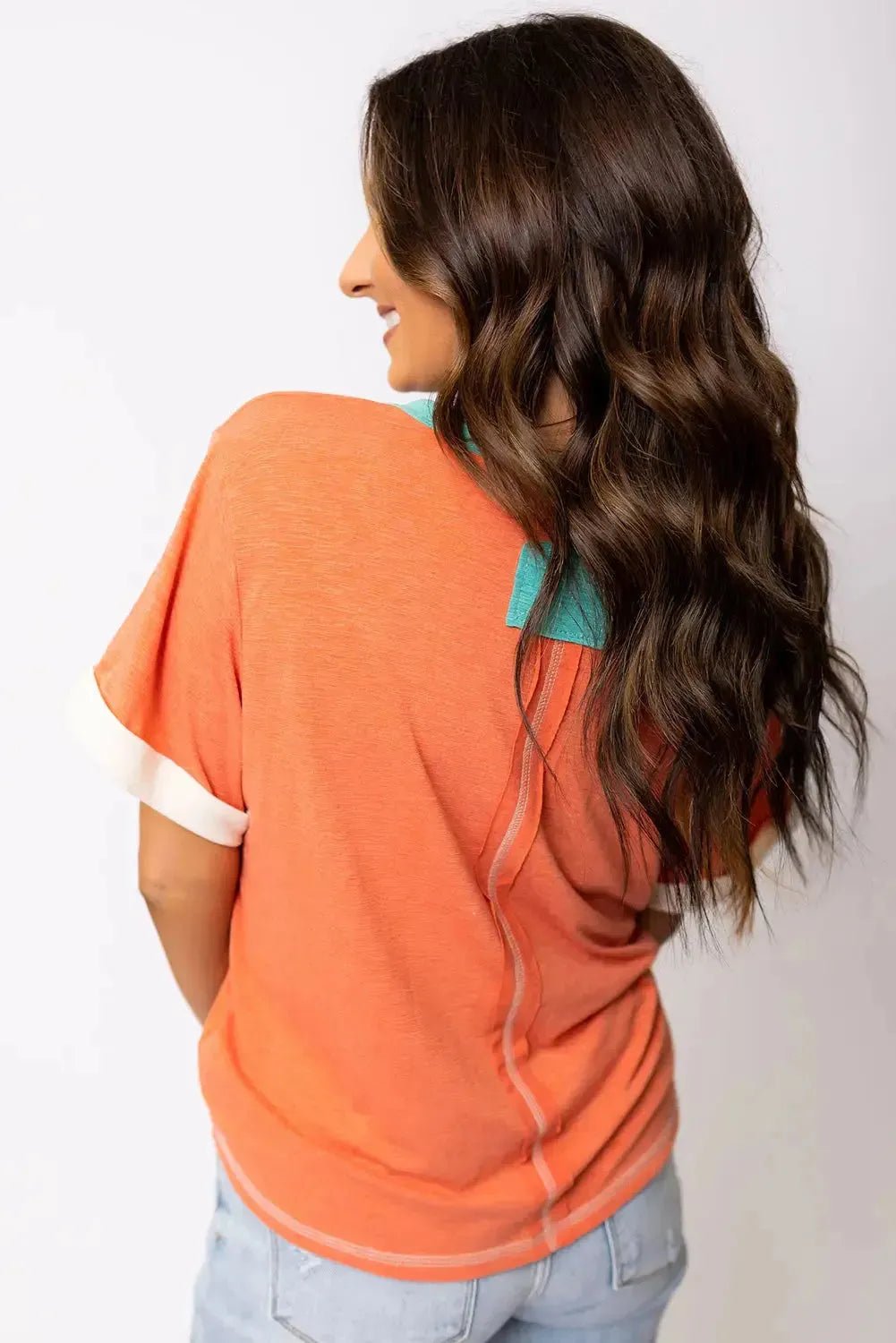 Grapefruit Orange Contrast Trim Exposed Seam V Neck T-shirt - StepByStep