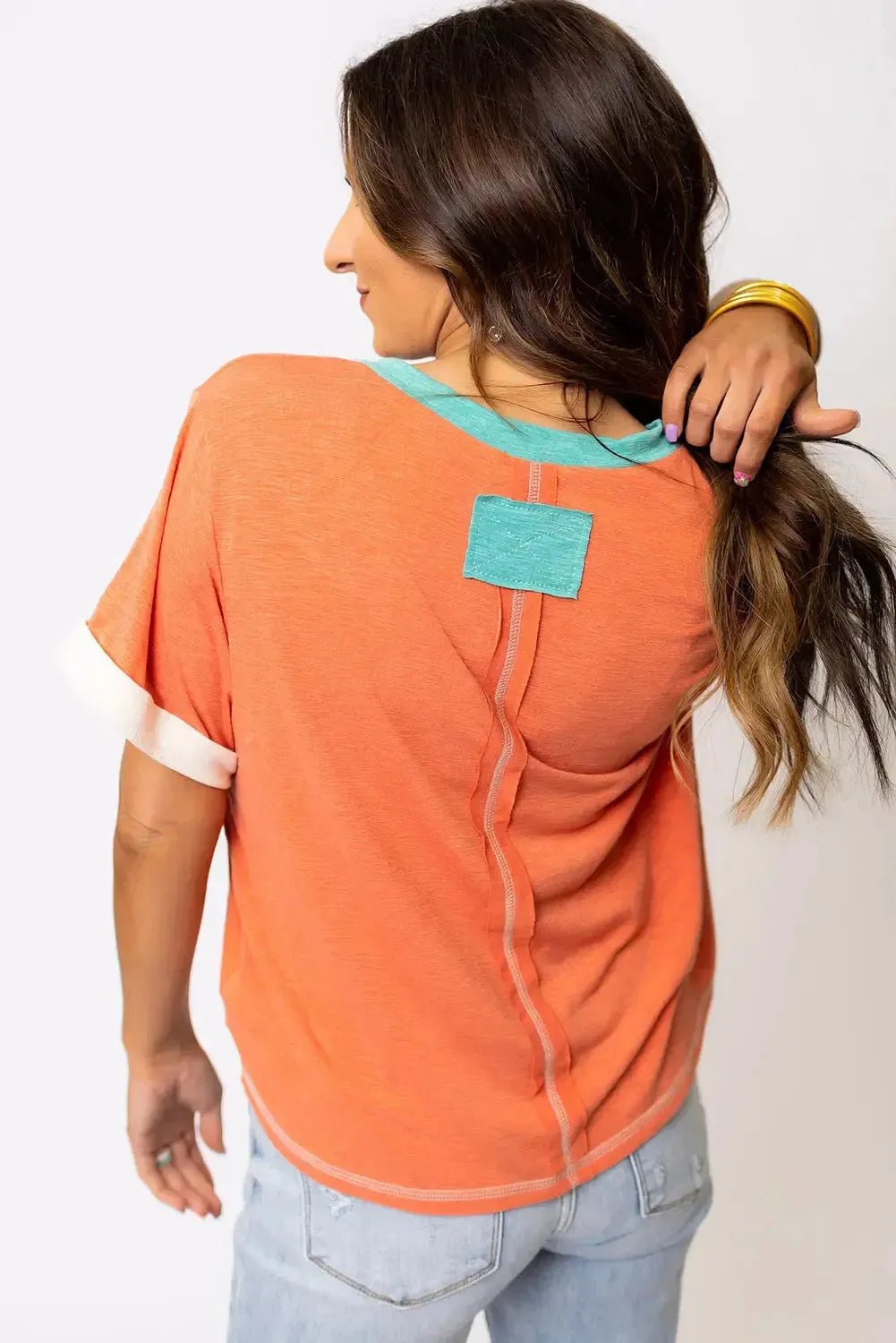 Grapefruit Orange Contrast Trim Exposed Seam V Neck T-shirt - StepByStep