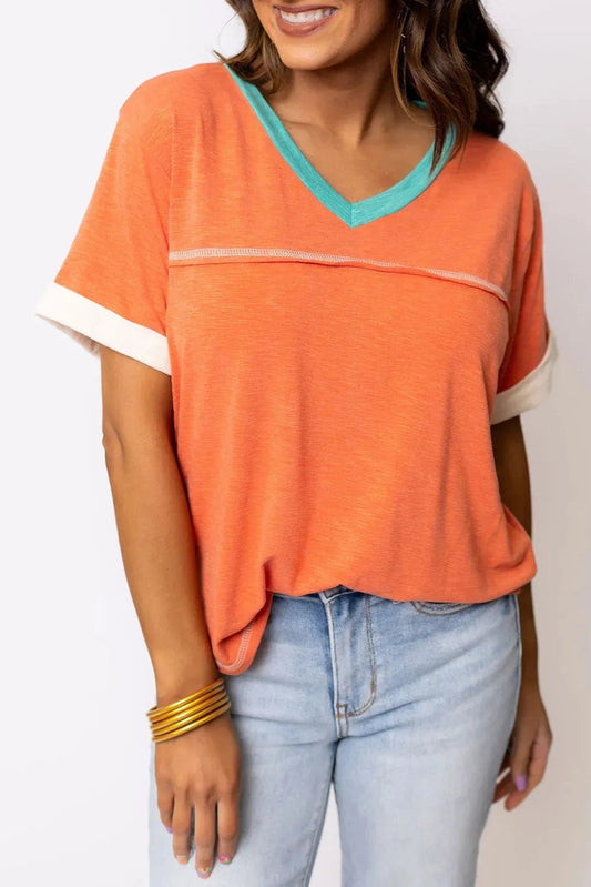 Grapefruit Orange Contrast Trim Exposed Seam V Neck T-shirt - StepByStep